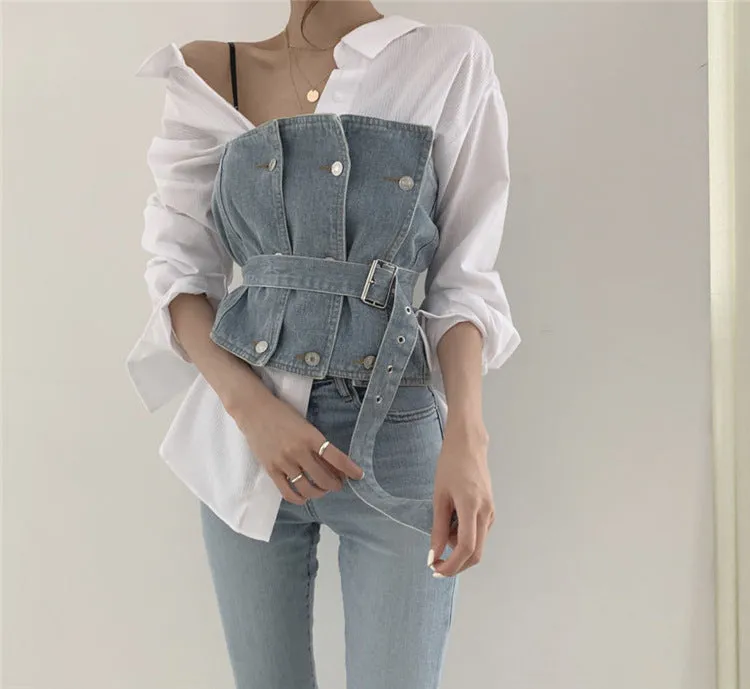 Strapless Denim Tank  Tube Top Tops With Belt
