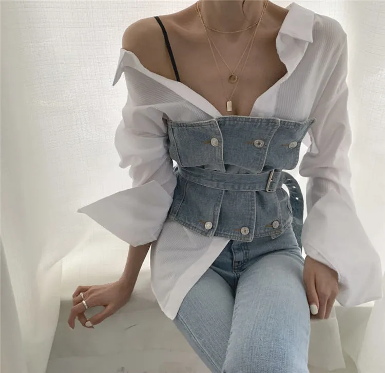 Strapless Denim Tank  Tube Top Tops With Belt