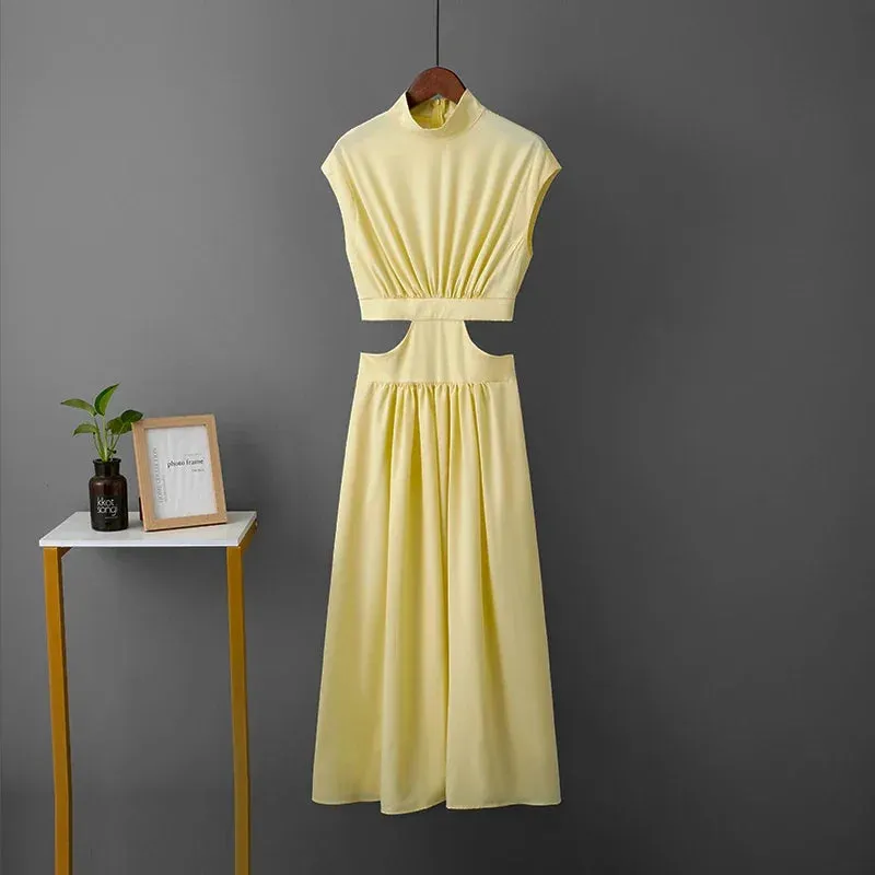 Summer Party Hollow Out Dress Fashion Sexy V-neck Waist Long Beach Dress Vintage A-Line Maxi Dress