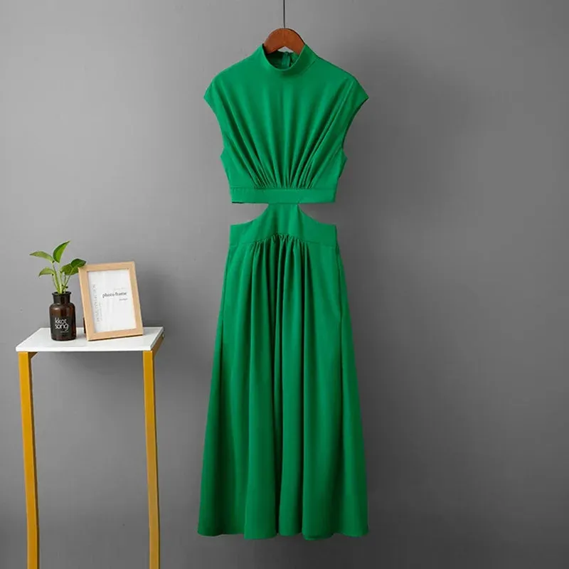 Summer Party Hollow Out Dress Fashion Sexy V-neck Waist Long Beach Dress Vintage A-Line Maxi Dress