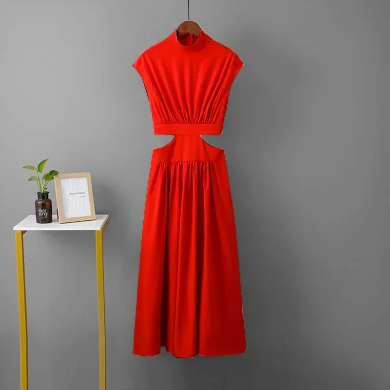 Summer Party Hollow Out Dress Fashion Sexy V-neck Waist Long Beach Dress Vintage A-Line Maxi Dress