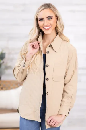 Tan Quilted Dolphin Hem Shacket