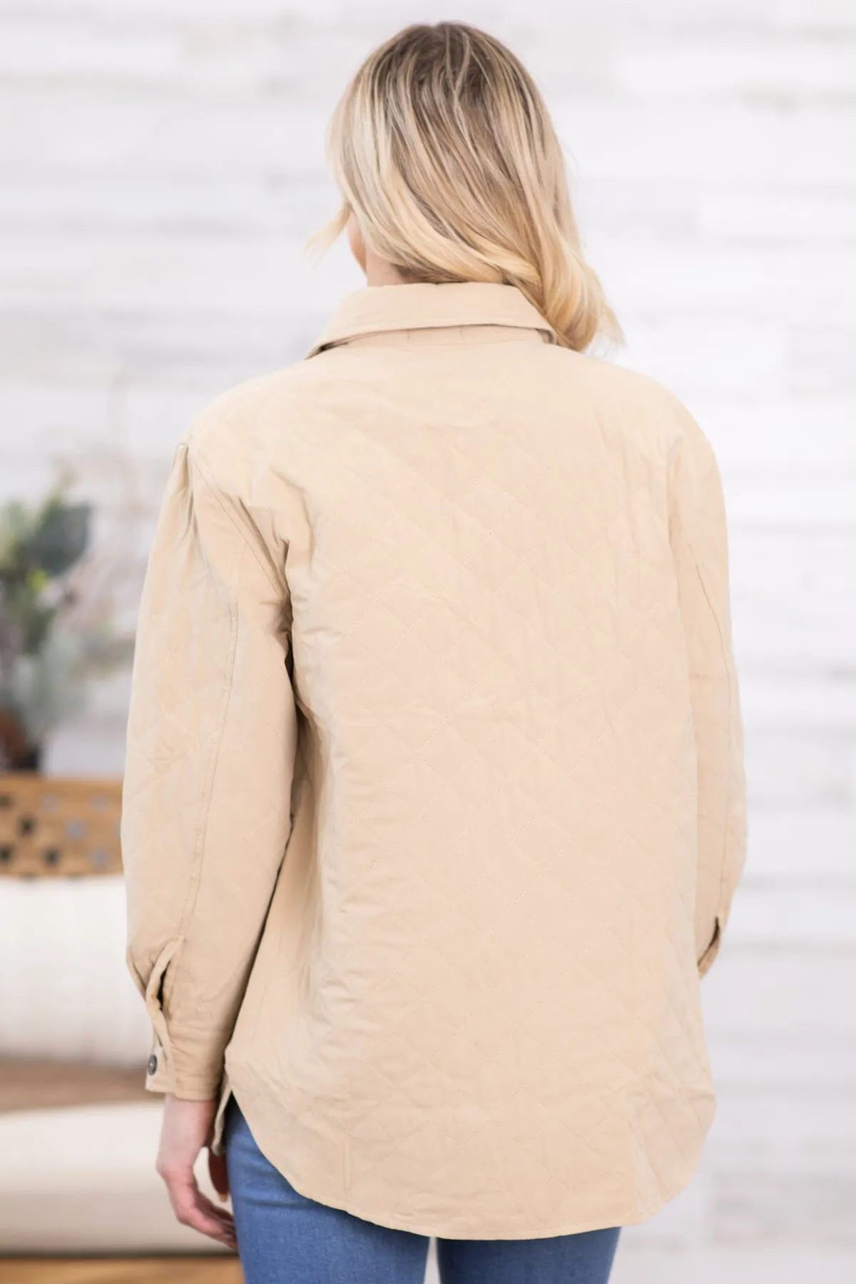 Tan Quilted Dolphin Hem Shacket