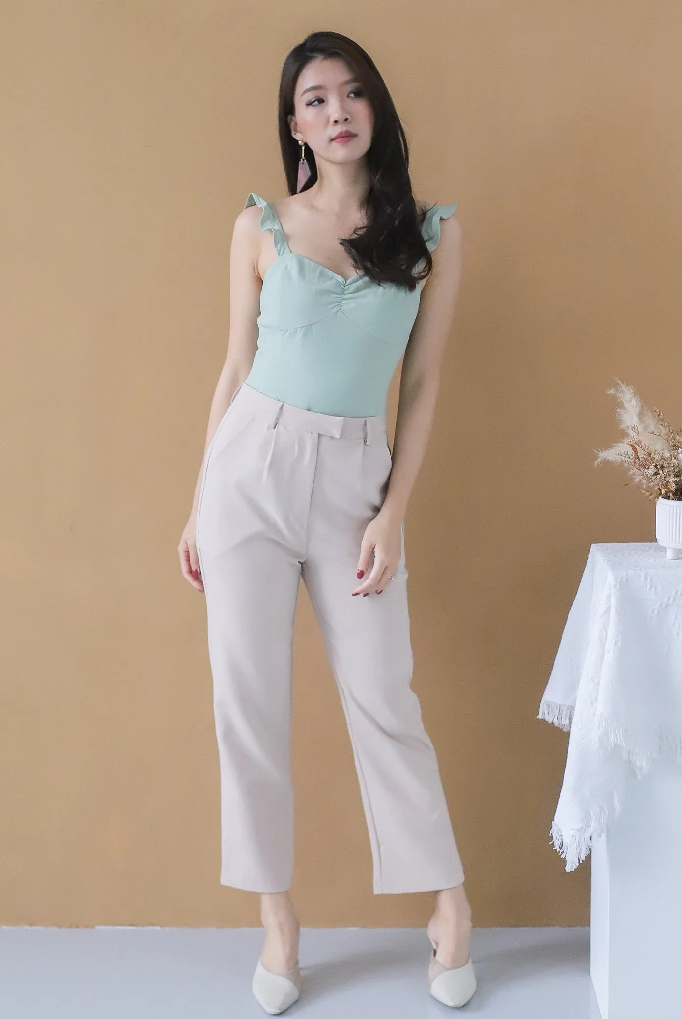 TDC Viorie Ruffle Strap Top In Sage