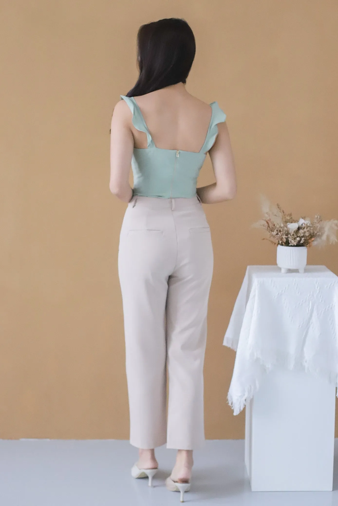 TDC Viorie Ruffle Strap Top In Sage