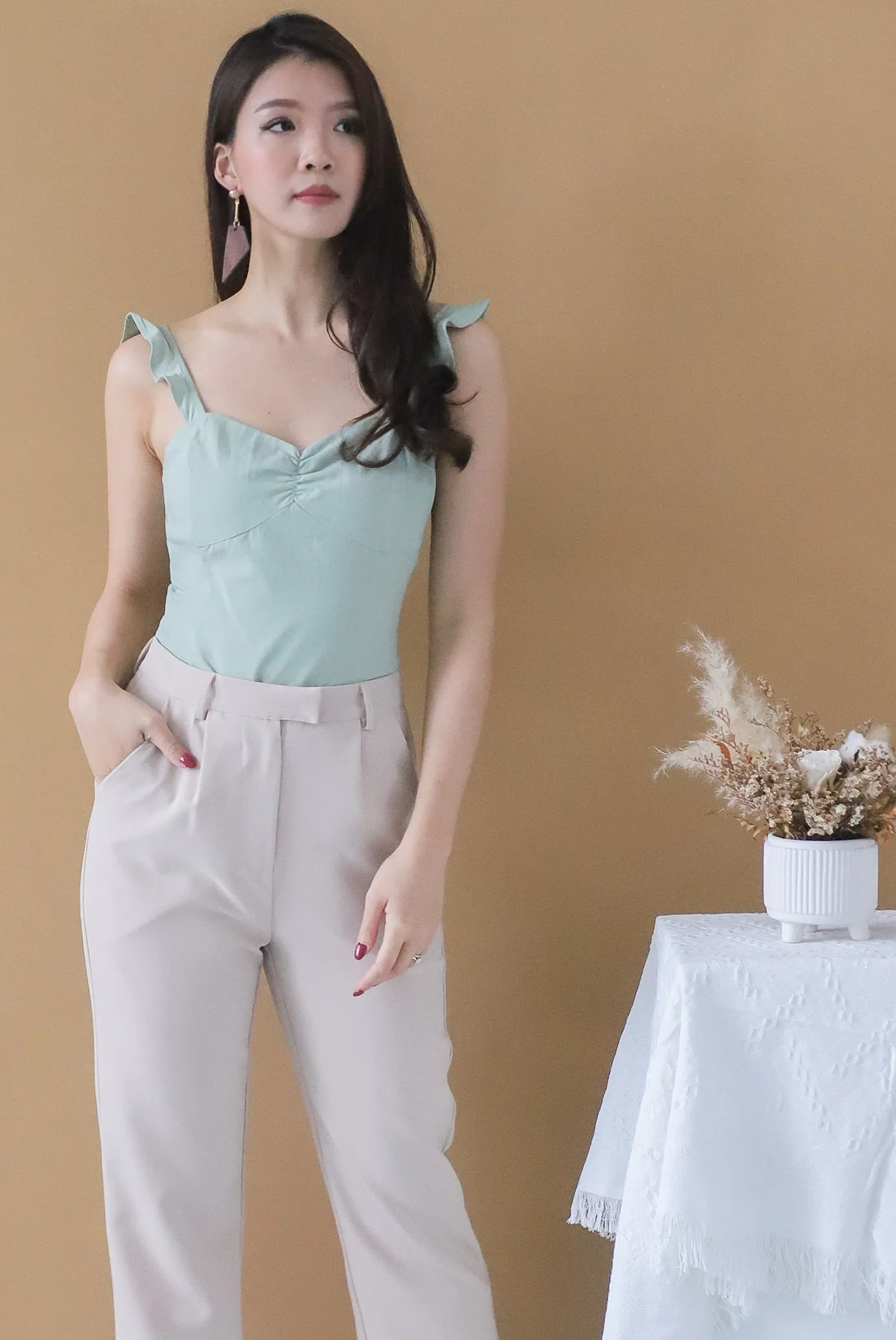 TDC Viorie Ruffle Strap Top In Sage