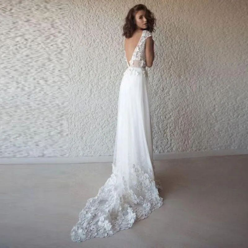 The Sales Rack-Sexy Bridal Dress Boho Style Backless With 3D Appliques Lace V Neck And Court Train
