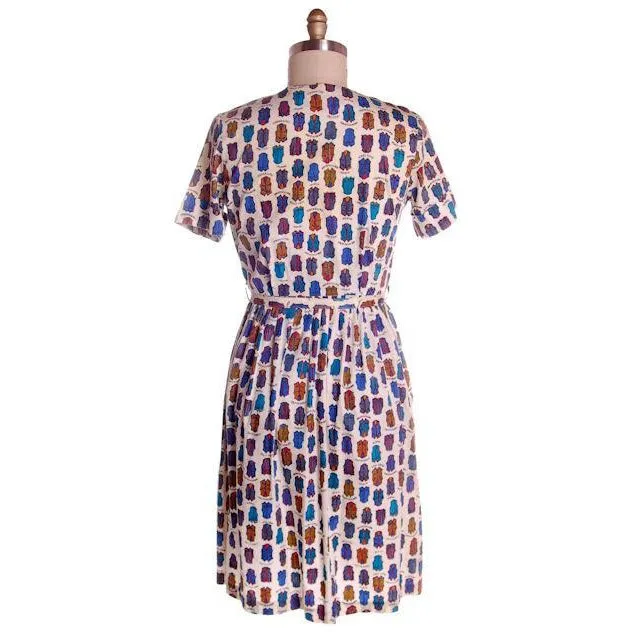 Vintage Cotton Dress Whimsical Vest Print Shirtwaist Style 1960s 39-28-Free