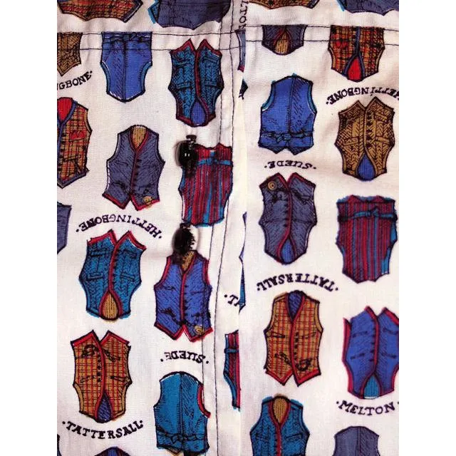 Vintage Cotton Dress Whimsical Vest Print Shirtwaist Style 1960s 39-28-Free