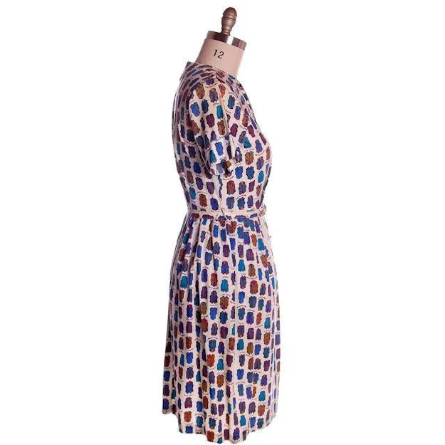 Vintage Cotton Dress Whimsical Vest Print Shirtwaist Style 1960s 39-28-Free