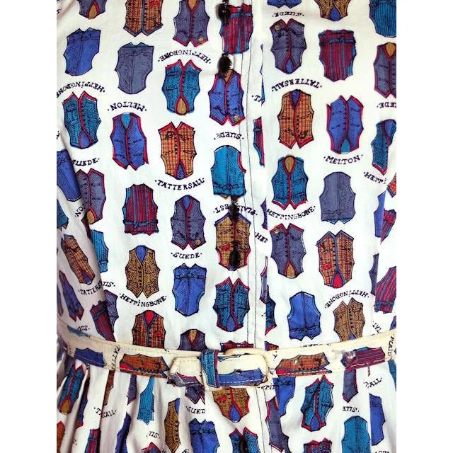 Vintage Cotton Dress Whimsical Vest Print Shirtwaist Style 1960s 39-28-Free