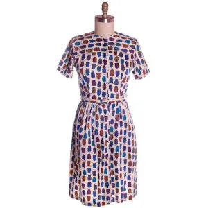 Vintage Cotton Dress Whimsical Vest Print Shirtwaist Style 1960s 39-28-Free