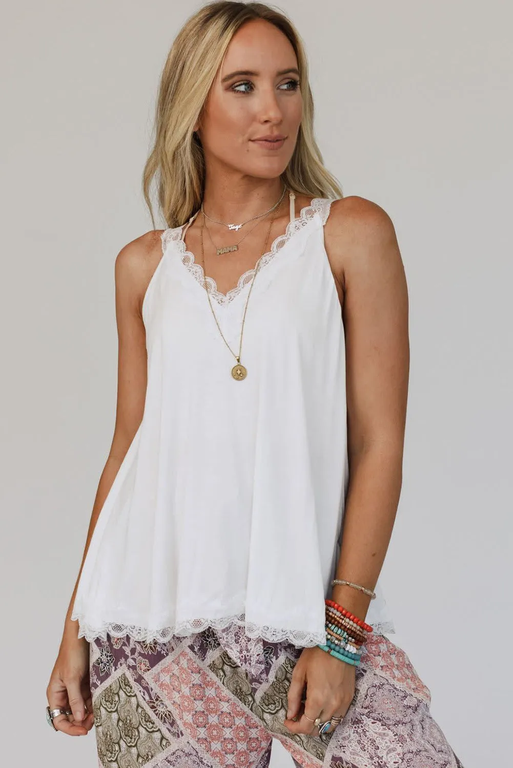 White Delicate Lace Trim Flared Tank Top
