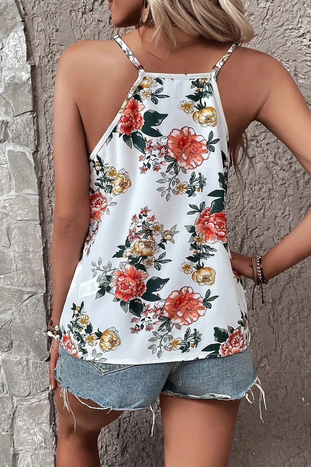 White Floral Print Spaghetti Strap Lace V Neck Tank Top