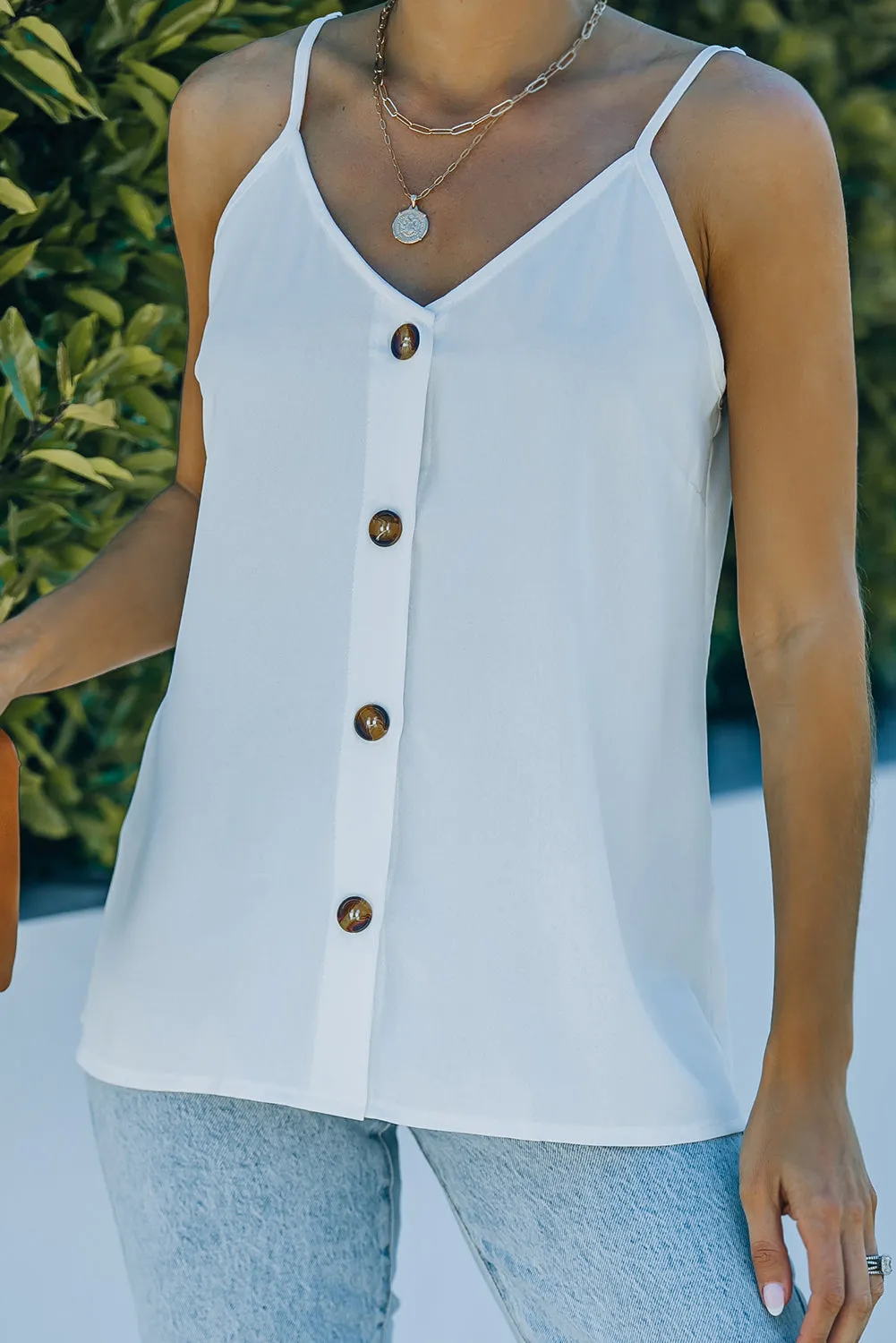White Spaghetti Strap Buttoned Tank Top