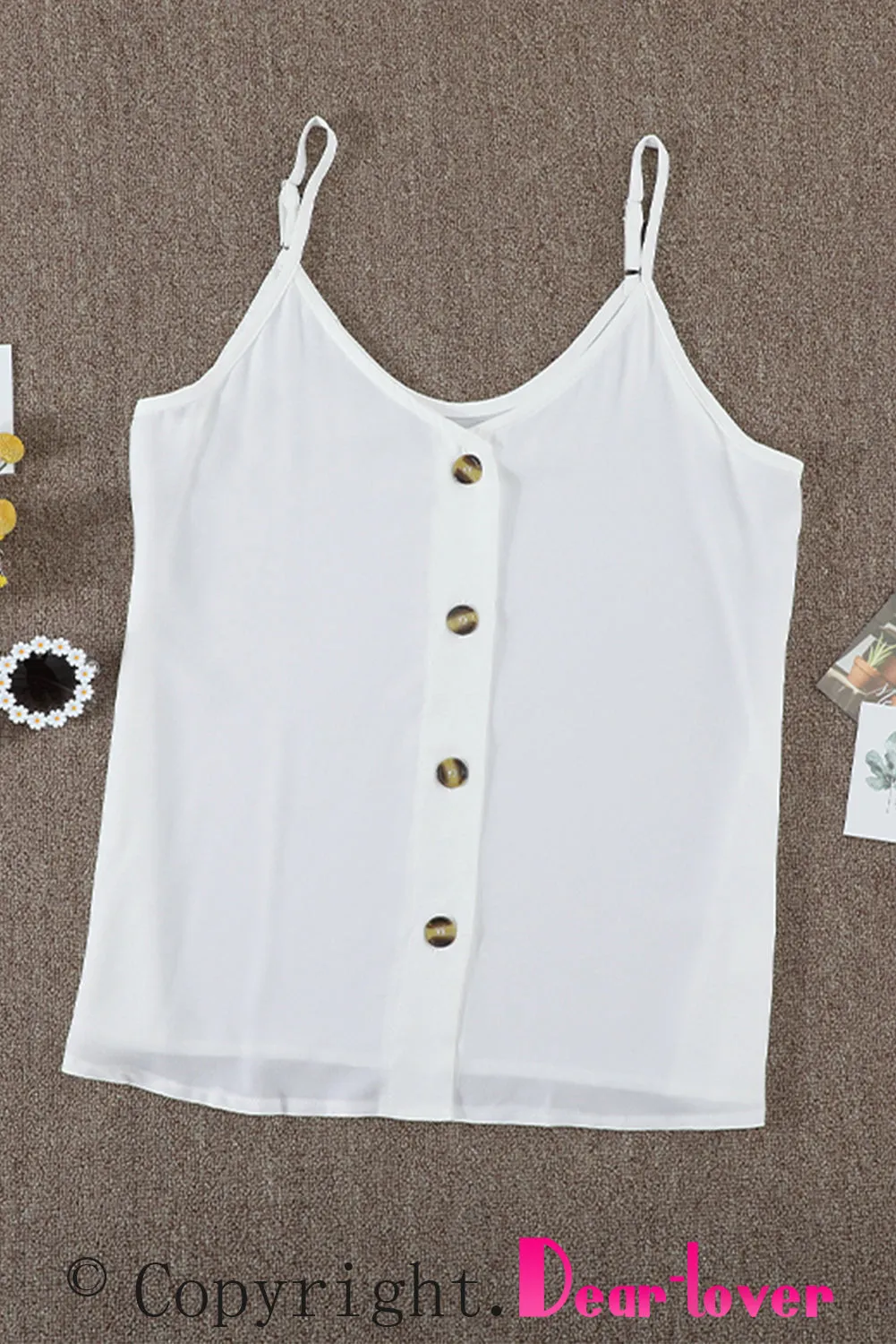 White Spaghetti Strap Buttoned Tank Top