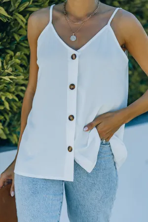 White Spaghetti Strap Buttoned Tank Top