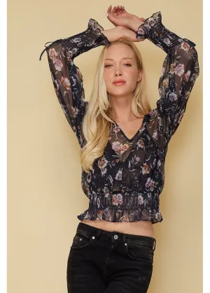 Women's Wax Flower Smocked Cuff Blouse In Navy
