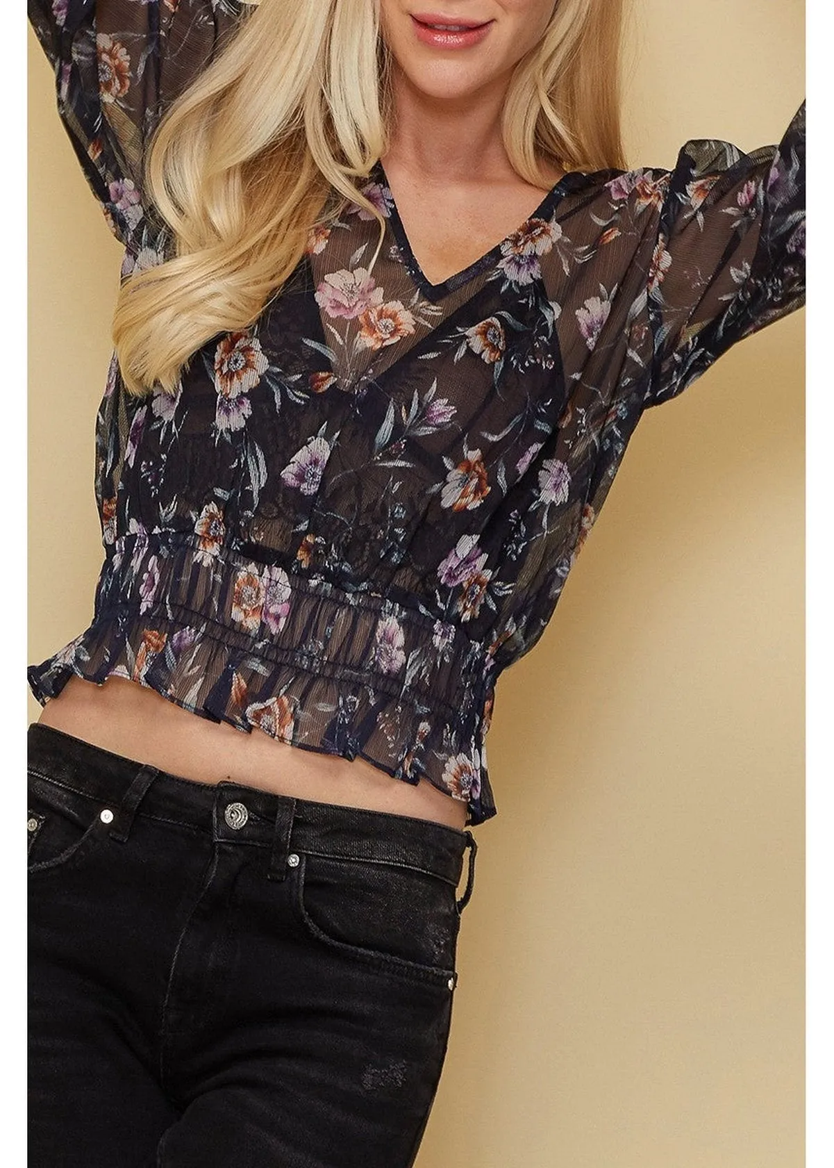 Women's Wax Flower Smocked Cuff Blouse In Navy