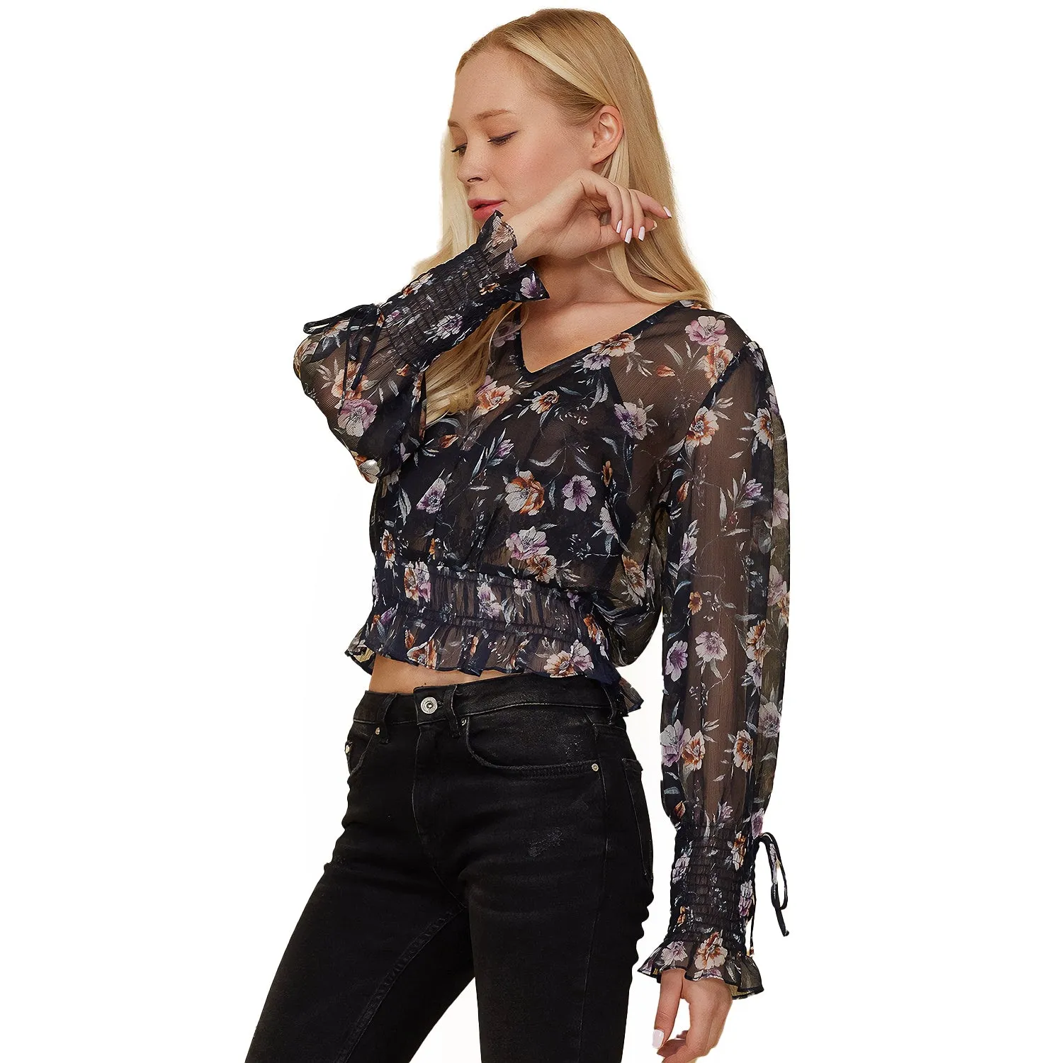Women's Wax Flower Smocked Cuff Blouse In Navy