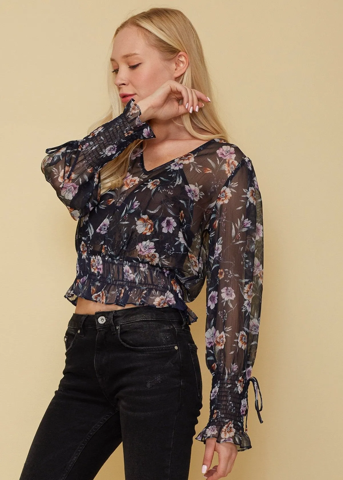 Women's Wax Flower Smocked Cuff Blouse In Navy