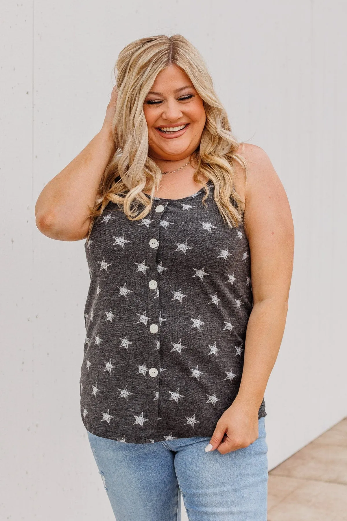 Young And Free Button Tank- Charcoal