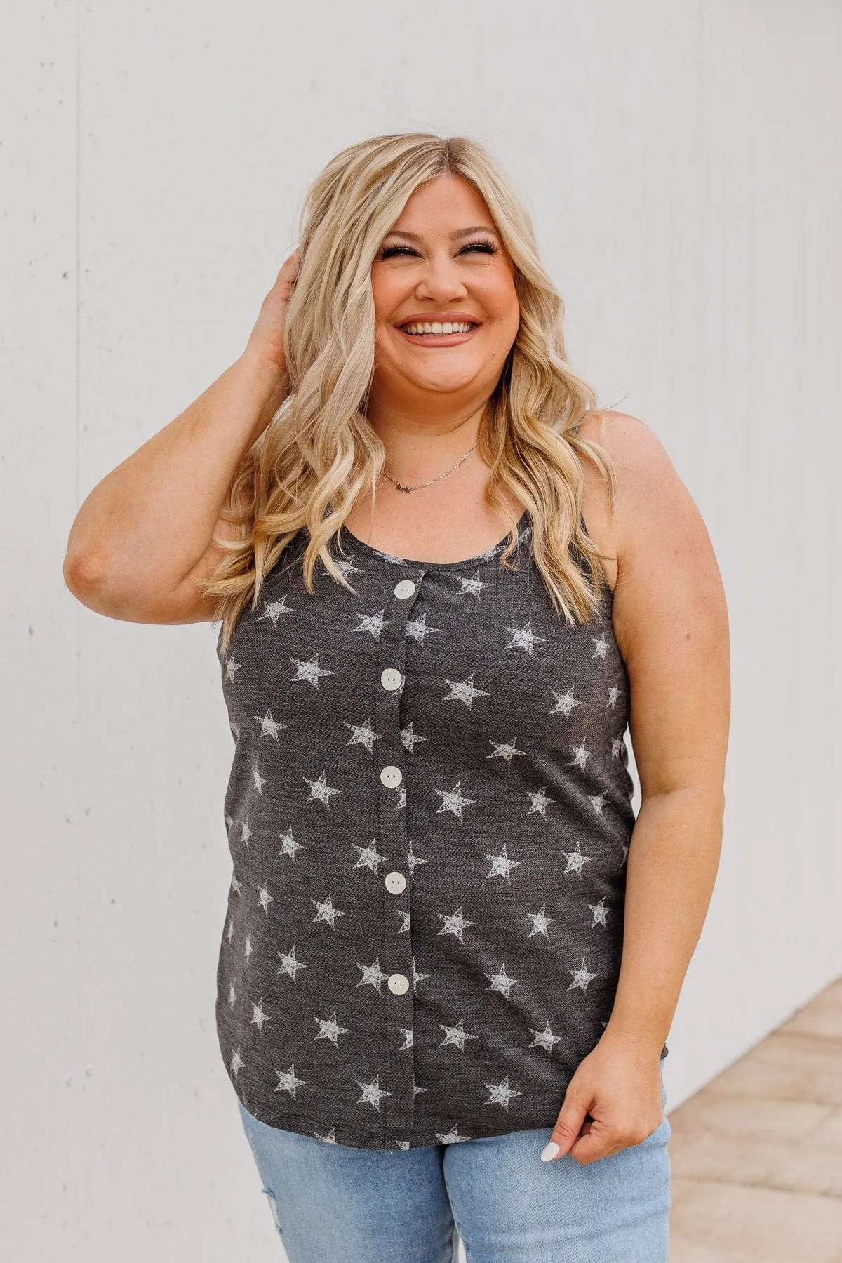 Young And Free Button Tank- Charcoal