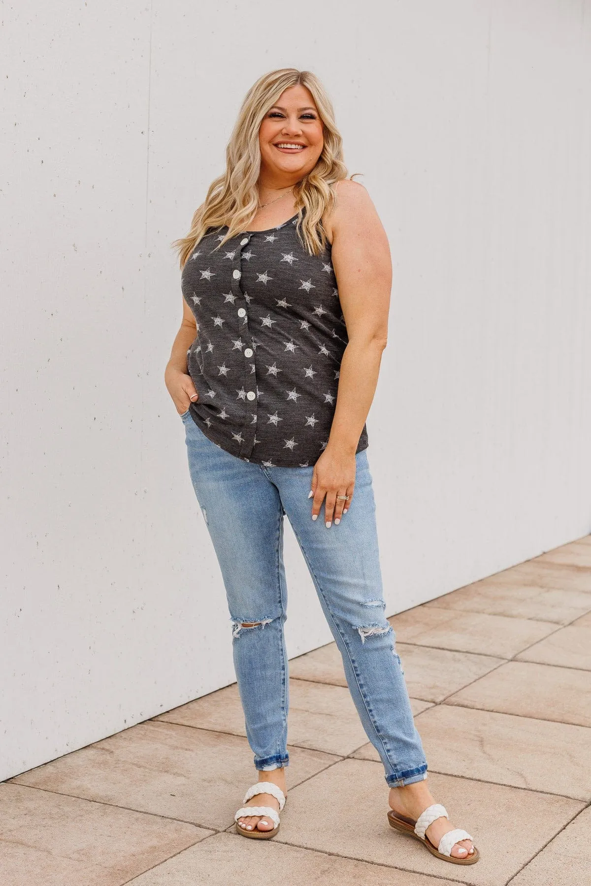 Young And Free Button Tank- Charcoal