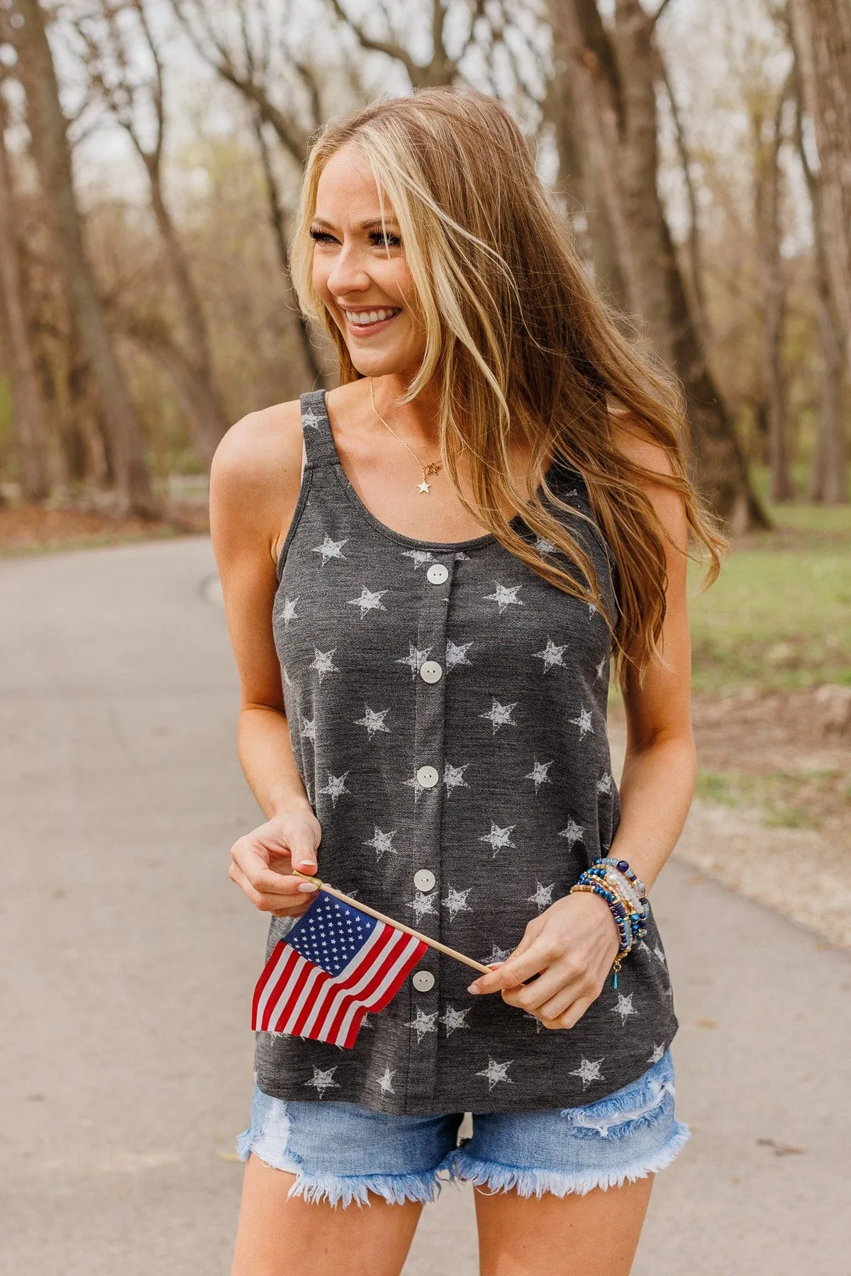 Young And Free Button Tank- Charcoal